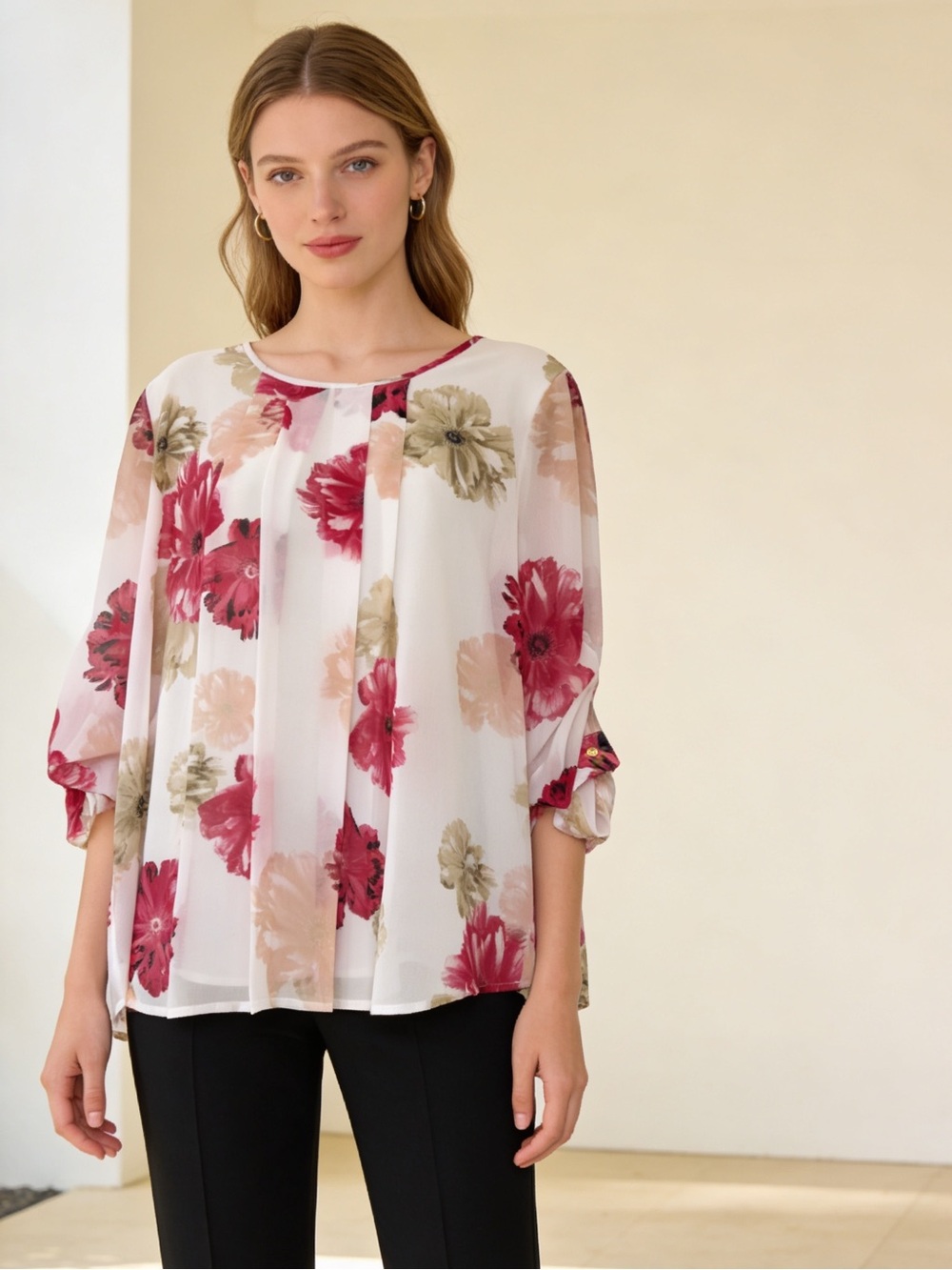 Calvin Klein Floral Chiffon Blouse Pink Beige Sheer Pleated Tunic Top Medium